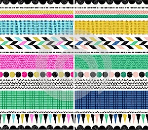 Set of two seamless colorful creative doodle striped pattern