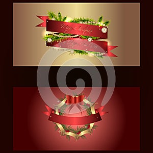 Set of two separated christmas and new years banners with wreath