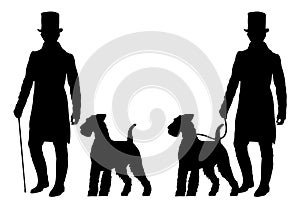 Set of two silhouettes of young man in victorian dress with Welsh Terrier dog. Historical clothing.