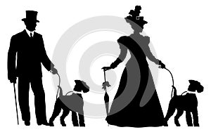 Set of two silhouettes of young woman and man in historical clothing with Welsh Terrier dog on leash. Elegant victorian woman and
