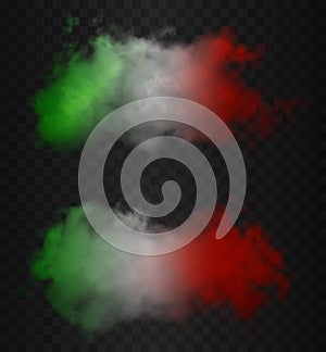 Set of two smoke clouds in the colors of the italyan flag. Green, white and red realistic colorful fog isolated on dark