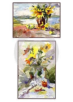 Set of two still lives sunflowers and apples. Watercolor paint