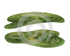 A set of two sunny olive-colored glades with grass and white flowers. For compositions, postcards, banners