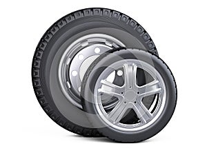 Set of two tires. New car wheels with disk for cars and trucks -