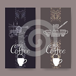 Set of two Turkish coffee labels with Istanbul landscape and ethnic coffee pot and cups.