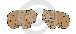 Set of two vector cute outline brown wombats. Isolated cartoon animals on white background, side view. First is smiling, second