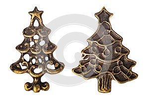Set of two vintage brassy metal Christmas trees isolated on white background