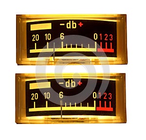 Set of two vintage VU Meter used in vintage audio gear like tape recorders or amplifiers, isolated on white
