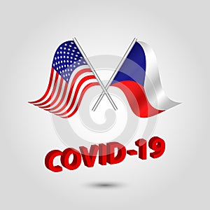 Set two waving crossed flags of usa and czechia on silver pole - american and czech republic icon with red 3d text title coronavir