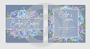 Set for two wedding invitation, greeting card, save date, banner. leaves, branches eucalyptus, gaultheria, salal, chamaelaucium,