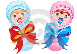 Set of two well-swaddled babies, isolated object on a white background, vector illustration