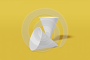 Set of two white paper mockup cups cone shaped on a yellow background. 3D rendering