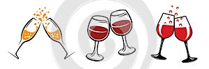 Set with two wineglass icons, logo, sign, emblem â€“ vector