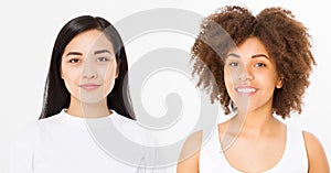 Set of two women faces asian and african american isolated on white background. Skin care, shampoo hairstyle concept. Multi ethnic