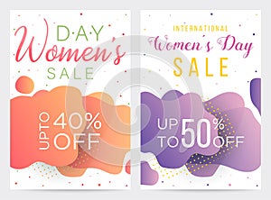 Set of two Womens Day hot sale banners, colorful templates, abstract shapes backgrounds