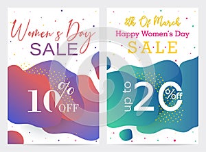 Set of two Womens Day offers, bright templates for business, abstract shapes backgrounds