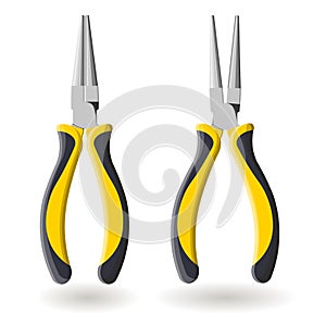 Set of two yellow round pliers isolated on white background, realistic illustration