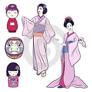Set of two Young women in traditional Japanese kimono and tradit