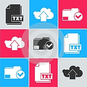 Set TXT file document, Cloud upload and Document folder and check mark icon. Vector