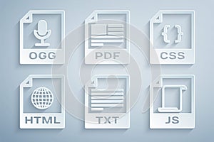 Set TXT file document, CSS, HTML, JS, PDF and OGG icon. Vector