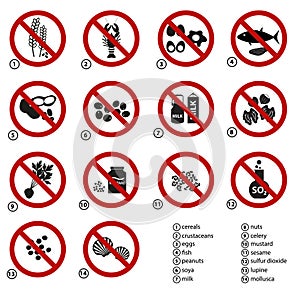 Set of typical food alergens prohibitions for restaurants and meal eps10