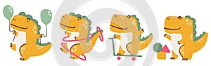 Set of Tyrannosaurus Rex . Cute dinosaurs cartoon characters . Hand drawn style . White isolate background . Vector