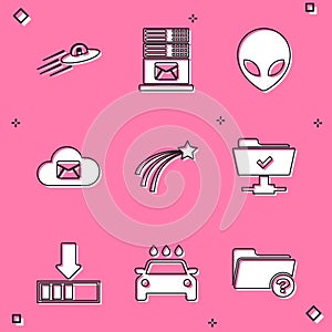 Set UFO flying spaceship and alien, Mail server, Alien, Cloud mail, Falling star and FTP operation successful icon