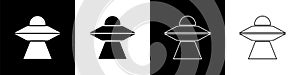 Set UFO flying spaceship icon isolated on black and white background. Flying saucer. Alien space ship. Futuristic
