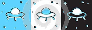 Set UFO flying spaceship icon isolated on blue and white, black background. Flying saucer. Alien space ship. Futuristic