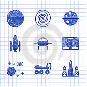 Set UFO flying spaceship, Mars rover, Rocket launch from the spaceport, Celestial map of night sky, Space and planet