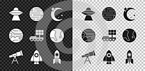 Set UFO flying spaceship, Planet, Moon and stars, Telescope, Rocket, and Mars rover icon. Vector