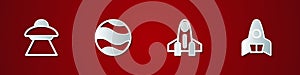 Set UFO flying spaceship, Planet, Rocket and icon. Vector