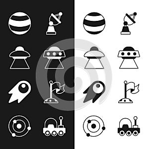 Set UFO flying spaceship, Planet, Satellite dish, Comet falling down fast, Moon with flag, Mars rover and Solar system