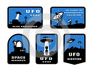 Set Ufology and space searches. Emblem, logo. photo