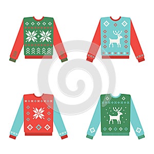 Set of ugly christmas sweaters with winter pattern