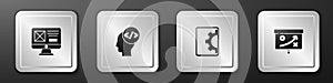 Set UI or UX design, Front end development, Web and Planning strategy concept icon. Silver square button. Vector
