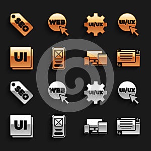 Set UI or UX design, Monitor, mobile, tablet, SEO optimization and Web and graphic icon. Vector