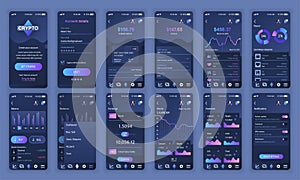 Set of UI, UX, GUI screens Cryptocurrency app flat design template for mobile apps, responsive website wireframes.