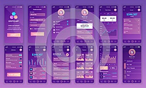 Set of UI, UX, GUI screens Cryptocurrency app flat design template for mobile apps, responsive website wireframes.