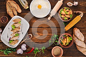 Set of Ukrainian cuisine. Vareniks, fresh vegetables, spices.