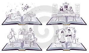 Set ukrainian literature reading open book. Vector cartoon illustration