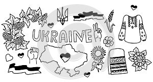 Set Ukrainian symbol. viburnum and flag, sunflower and spikelet, shirt and embroidered towel, heart and card. Vector