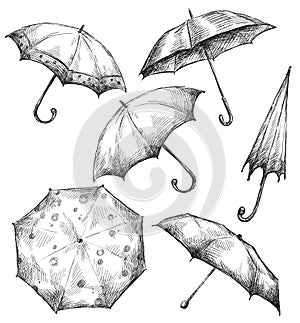 Set of umbrella drawings, hand-drawn