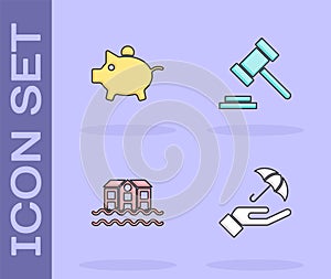 Set Umbrella in hand, Piggy bank, House flood and Judge gavel icon. Vector