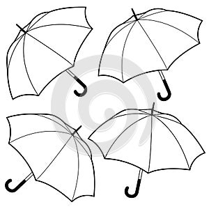 Set of umbrellas. Various umbrellas for rainy weather. Vector black and white coloring page