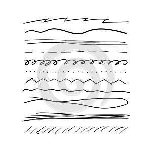 Set of underlines drawn by hand. Doodle, outline, doodle. Collection different curved lines. Vector illustration.