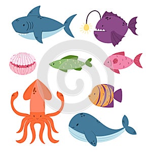 Set Of Underwater Animals Shark, Anglerfish And Shell. Blue Whale, Squid And Angel Fish Sea Characters Isolated On White