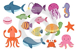 Set of Underwater Animals Shark, Octopus, Anglerfish, Jellyfish and Shell. Turtle, Starfish, Crab, Whale and Squid