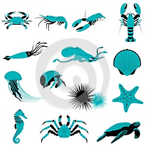 Set of Underwater Aquatic Shell Animals and Creatures icons