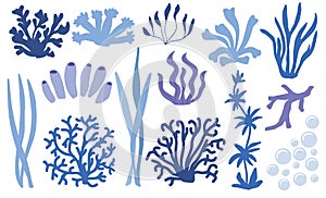 Set of underwater color coral icons. Reef nature marine, aquatic vector illustration